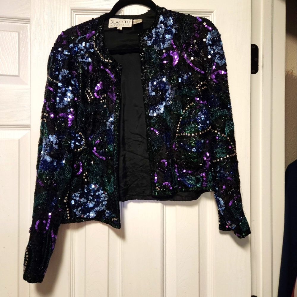 Oleg Cassini Black Tie Formal Beaded Dinner Jacket size Small